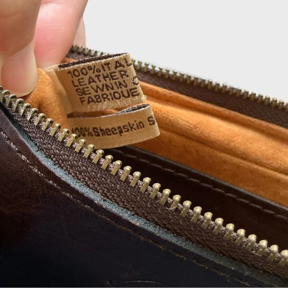 Patricia Nash Brown Leather Faux Fur Trim Wristlet Clutch Zip Pouch